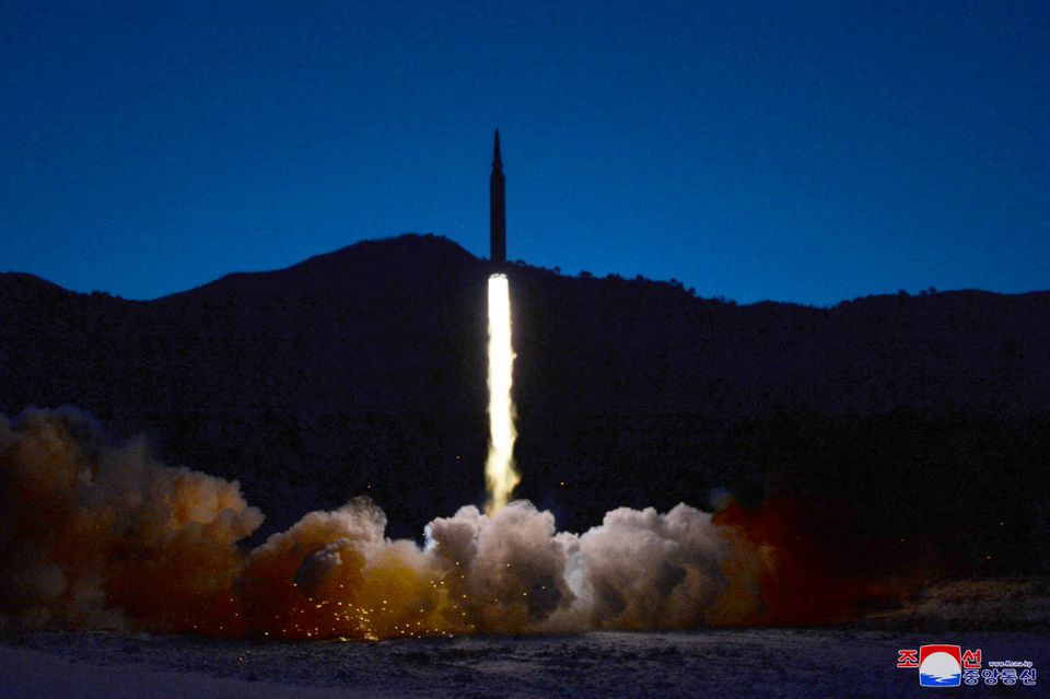 A missile is launched during what state media report is a hypersonic missile test at an undisclosed location in North Korea, January 11, 2022, in this photo released January 12, 2022 by North Korea's Korean Central News Agency (KCNA). KCNA via REUTERS ATTENTION EDITORS 