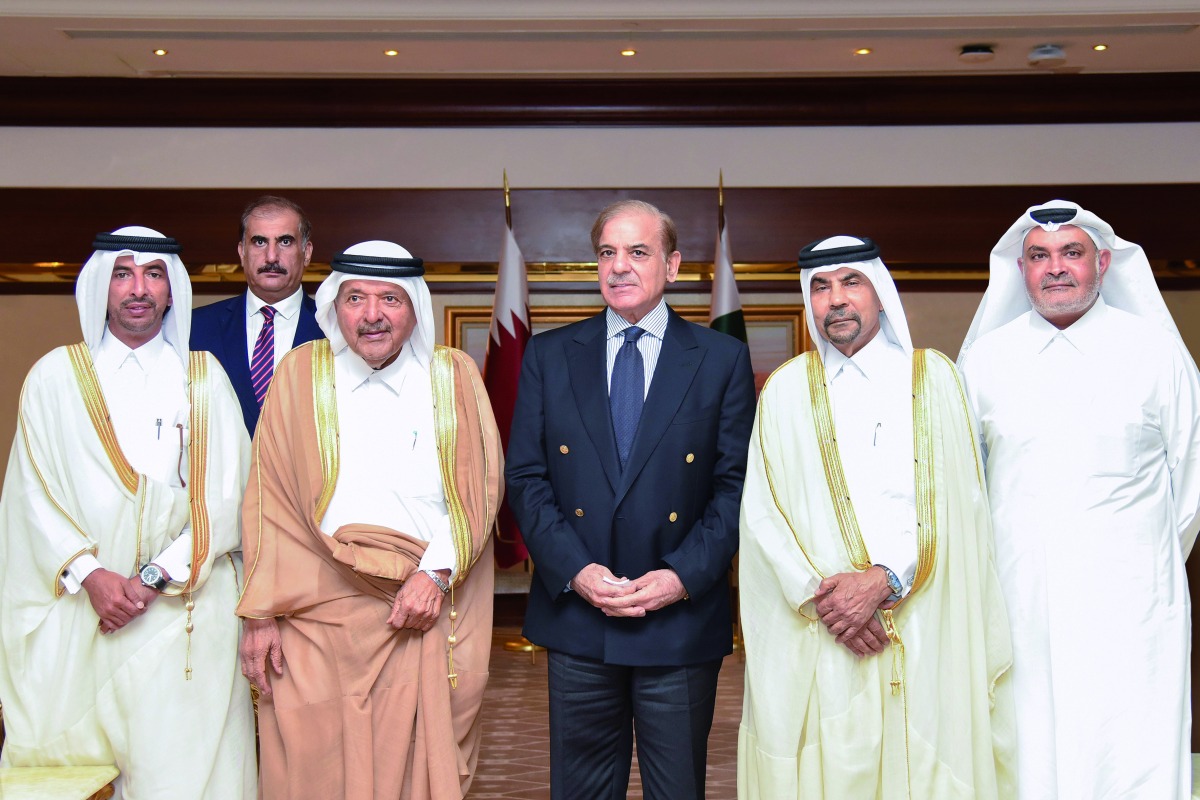 H E Shahbaz Sharif, Prime Minister of the Islamic Republic of Pakistan, H E Syed Ahsan Raza Shah, Ambassador of the Republic of Pakistan to the State of Qatar, and Sheikh Faisal bin Qassim Al Thani, QBA Chairman, with other officials, during the meeting.