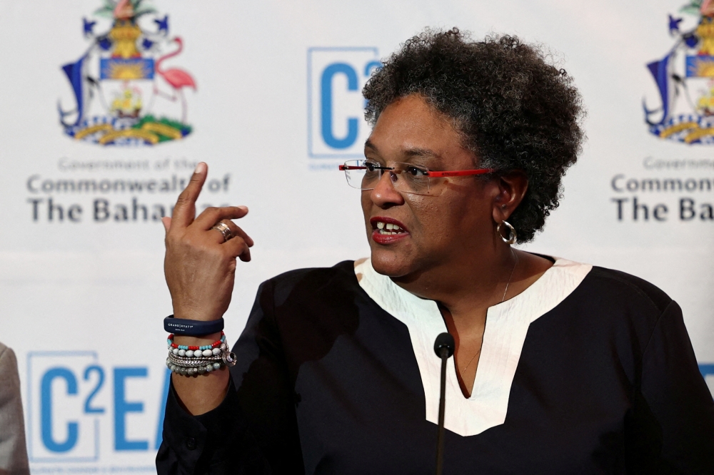Barbados's Prime Minister Mia Mottley speaks during a press conference at an event where leaders of Caribbean nations meet for a two-day conference to discuss the region's approach to the COP27 climate talks, in Nassau, Bahamas, on August 17, 2022. (REUTERS/Dante Carrer)