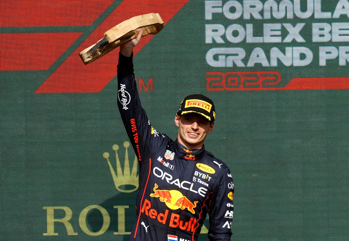 
Red Bull's Max Verstappen celebrates on the podium after winning the Belgian Grand Prix at the Spa-Francorchamps, Spa, Belgium, on August 28, 2022.  REUTERS/Stephane Mahe