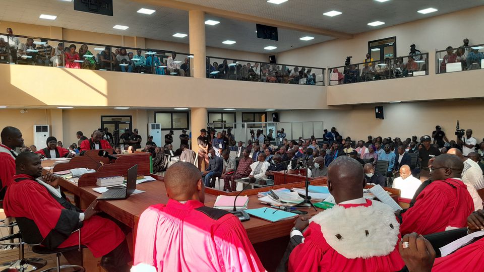 Lawyers attend the opening of the trial of eleven men accused of responsibility for the 2009 massacre and mass rape of pro-democracy protesters by forces linked to a former military junta in Conakry, Guinea, on September 28,2022. REUTERS/ Souleymane Camara