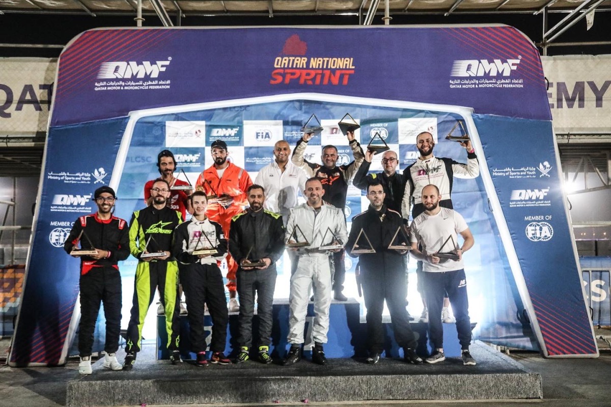 The podium winners pose for a group photo after the conclusion of fifth round of the Qatar National Sprint 2022 Championship.  