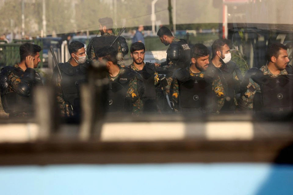 Iran's riot police forces stand in a street in Tehran, Iran, on October 3, 2022. WANA (West Asia News Agency) via REUTERS
