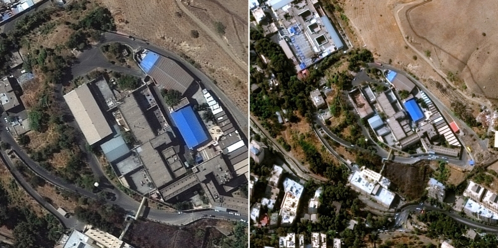 A combination of satellite images show the aftermath of the fire at the Evin prison (picture on the right) on October 17, 2022 and the picture on the left is taken before the fire on October 14, 2022 in Tehran, Iran.   Satellite image courtesy of 2022 Maxar Technologies/Handout via REUTERS