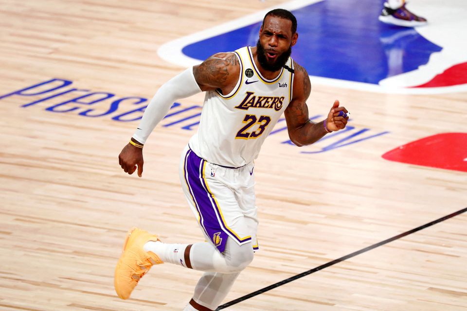 Los Angeles Lakers forward LeBron James (23) celebrates after a play against the Miami Heat during the fourth quarter in game six of the 2020 NBA Finals at AdventHealth Arena, Lake Buena Vista, Florida, on October 11, 2020. The Los Angeles Lakers won 106-93 to win the series. File Photo / Reuters