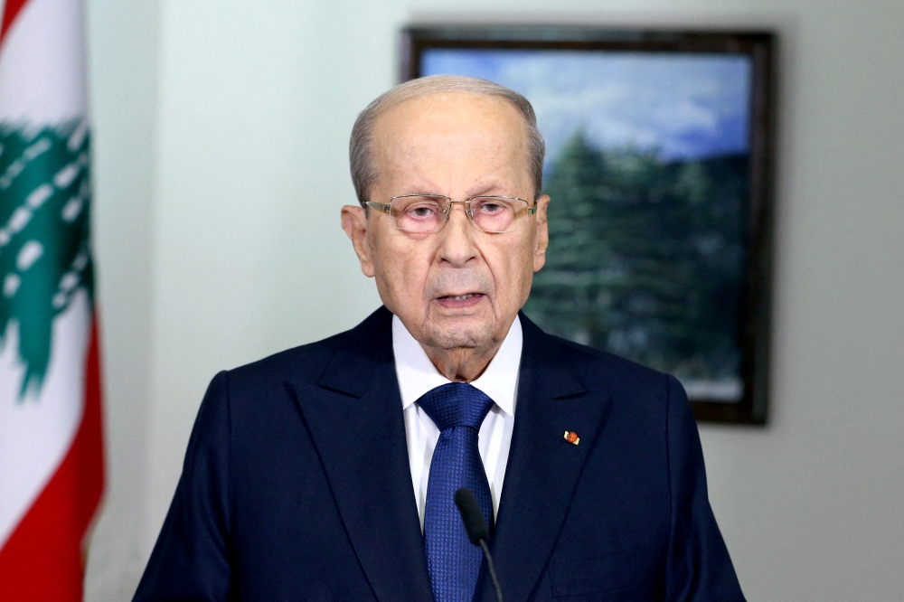 Lebanon's President Michel Aoun addresses the nation from the presidential palace in Baabda, Lebanon, October 13, 2022. (Dalati Nohra/Handout via REUTERS)