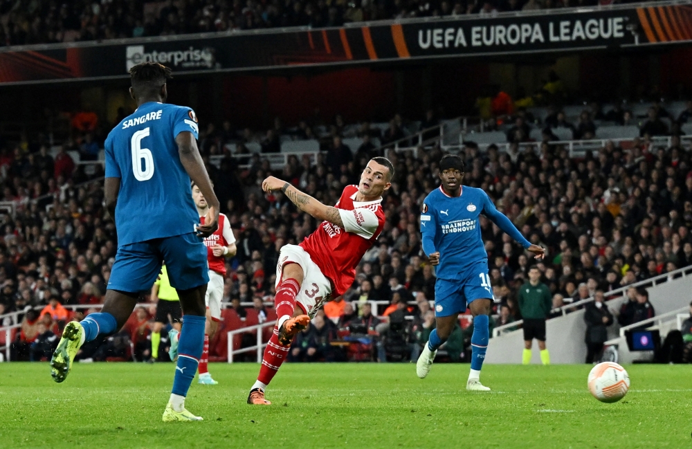 Arsenal's Granit Xhaka scores the only goal of the match against PSV Eindhoven during their Europa League clash at the Emirates Stadium in London on October 20, 2022.   REUTERS/Dylan Martinez