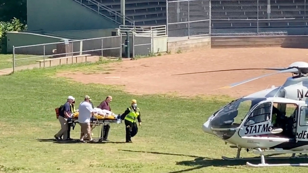 Author Salman Rushdie is transported to a helicopter after he was stabbed on stage before his scheduled speech at the Chautauqua Institution, Chautauqua, New York, US, on August 12, 2022, in this screengrab taken from a social media video.  File Photo / Reuters