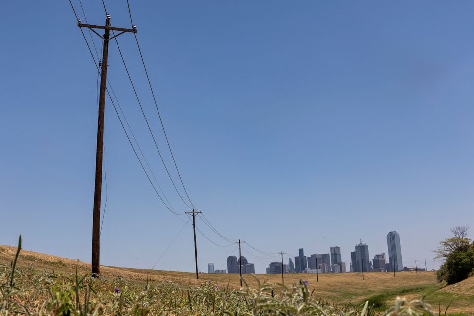 Utility poles lead to downtown Dallas during a heat advisory due to scorching weather in Dallas, Texas, U.S. July 12, 2022. REUTERS/Shelby Tauber

