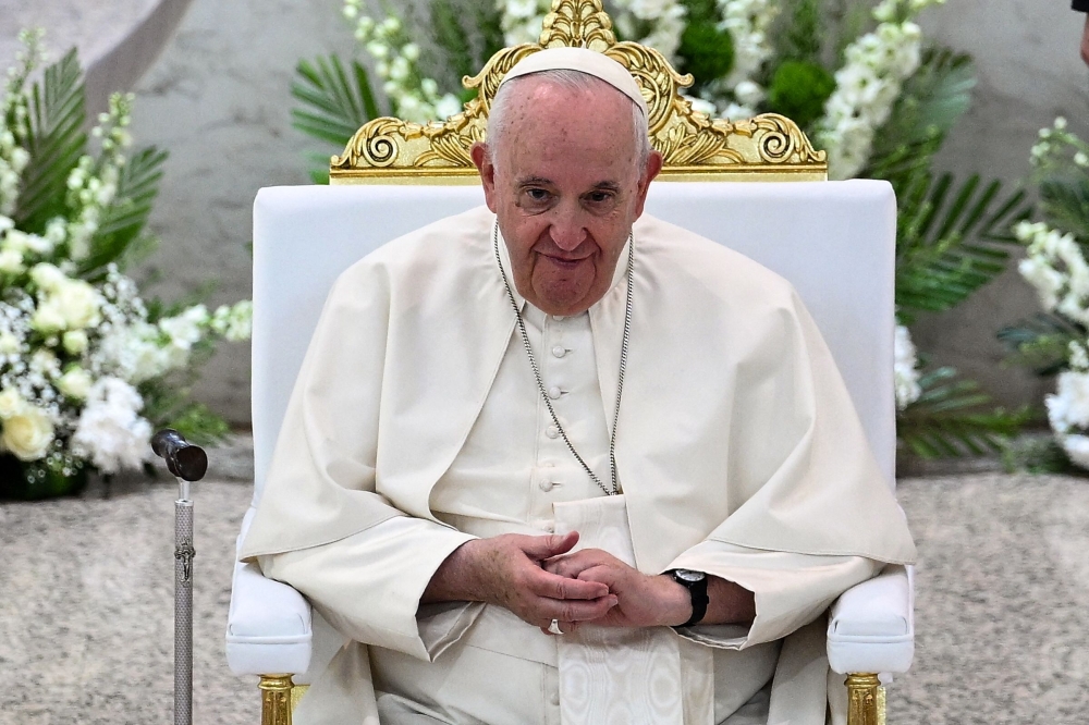 Pope Francis is pictured at the Sacred Heart church in the Bahraini capital Manama on November 6, 2022. (AFP/Marco Bertorello)