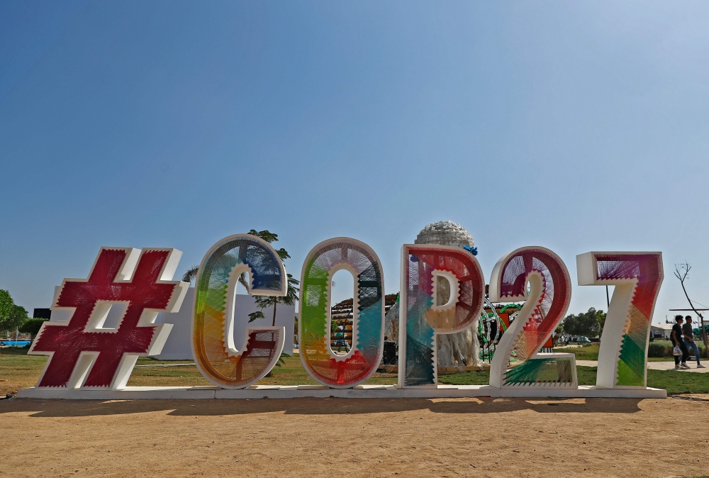 A picture shows an artwork at the Green Zone during the COP27 climate summit at the Sharm El Sheikh International Convention Centre, in Egypt's Red Sea resort of the same name, on November 7, 2022. (Photo by Mohammed ABED / AFP)