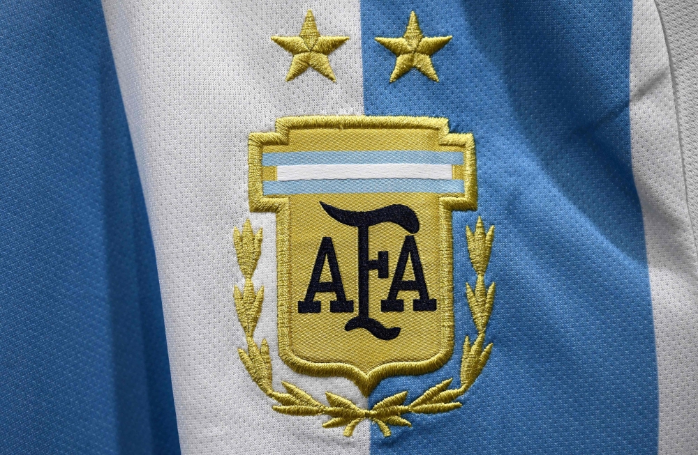 A picture taken on November 8, 2022 in Paris, shows the jersey of the Argentina national football team for the Football FIFA World Cup 2022 in Qatar. Photo by Franck Fife / AFP