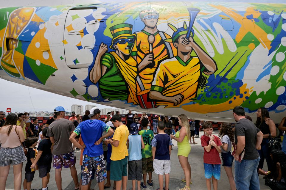 General view of an airplane on display during a 2022 FIFA World Cup event in Belo Horizonte, Brazil November 19, 2022. REUTERS/Washington Alves
