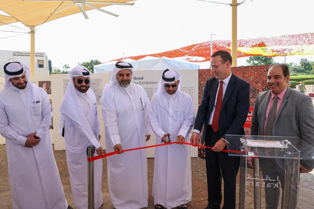 Prof. Dr. Khalid bin Ibrahim Al Sulaiti, General Manager of Katara (third right), H E Fahad bin Mohammed Al Attiyah, Ambassador of Qatar to the United Kingdom (first right) and Scott McDonald, Chief Executive of the British Council (second right) during the ribbon-cutting ceremony.