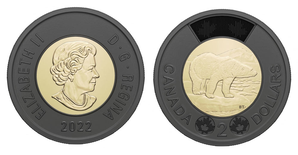 The profile of Britain's late Queen Elizabeth II appears on a new Canadian $2 circulation coin featuring a black outer ring, in an illustration released in Ottawa, Ontario, Canada, December 7, 2022. (Royal Canadian Mint/Handout via Reuters) 