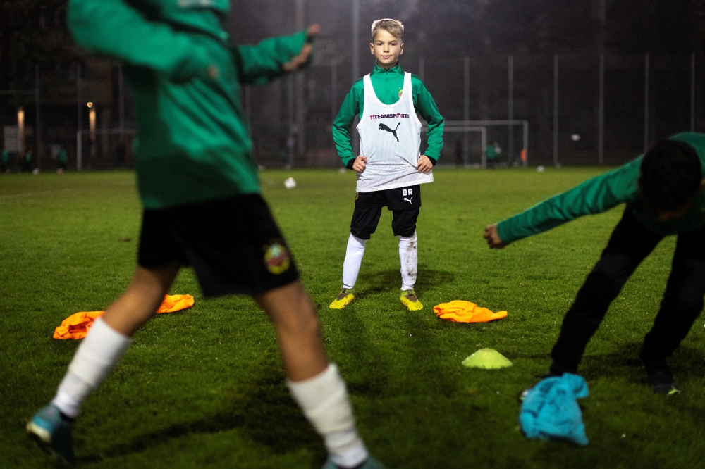 Ten-year-old Ukrainian refugee Danylo is seen during practice with his football club Rapid Wien in Vienna, Austria, November 15, 2022. REUTERS/Lisa Leutner