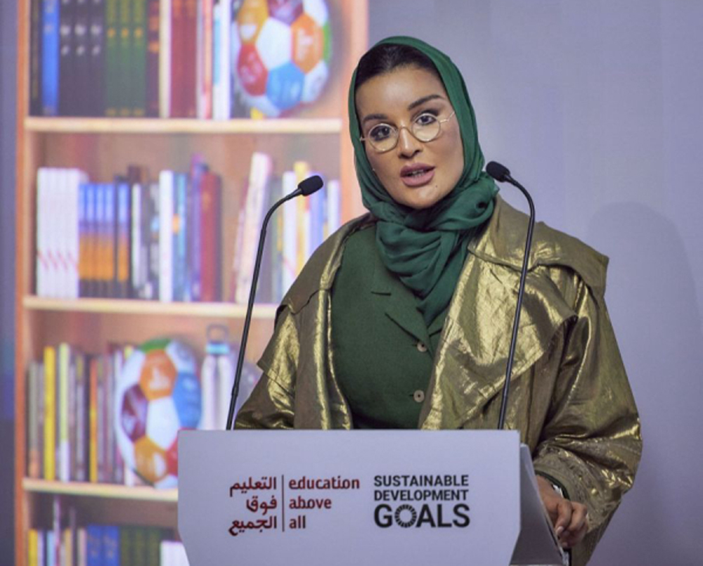 H H Sheikha Moza bint Nasser, EAA Chairperson, speaking at the closing ceremony of the ‘Scoring for the Goals’ campaign.