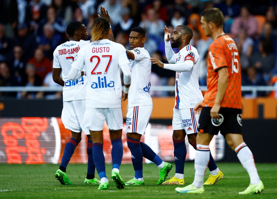 Olympique Lyonnais' Alexandre Lacazette celebrates scoring their first goal with teammates, Stade du Moustoir, Lorient, France, on September 7, 2022. File Photo / Reuters
