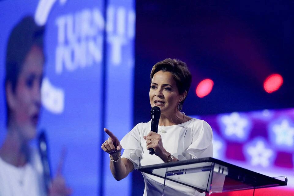 Kari Lake speaks during a right-wing gathering known as America Fest, an event organized by Turning Point USA, in Phoenix, Arizona, US, on December 20, 2022. REUTERS/Jim Urquhart
