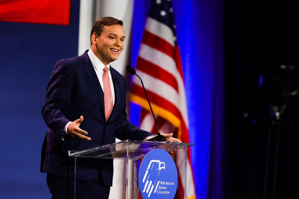 In this file photo taken on November 19, 2022, US Representative-elect George Santos speaks at the Republican Jewish Coalition Annual Leadership Meeting in Las Vegas, Nevada. (Photo by Wade Vandervort / AFP)