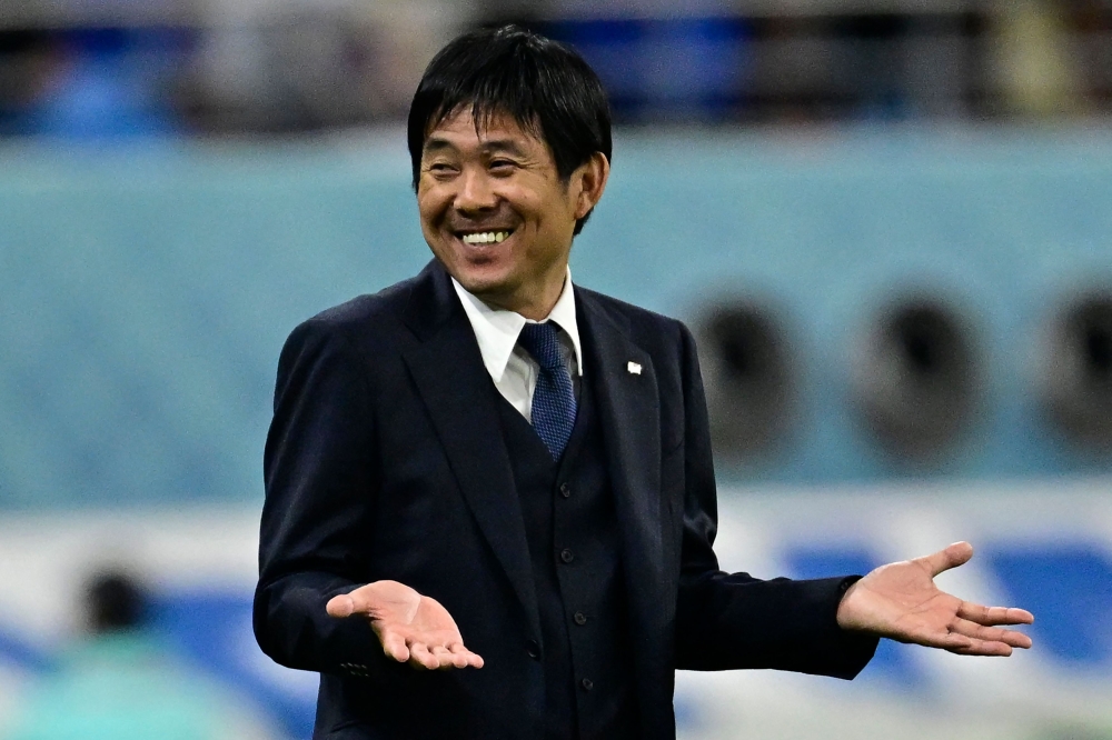 This file photo taken on December 1, 2022 shows Japan's coach Hajime Moriyasu reacting during the Qatar 2022 World Cup Group E football match between Japan and Spain at the Khalifa International Stadium in Doha. Photo by JAVIER SORIANO / AFP