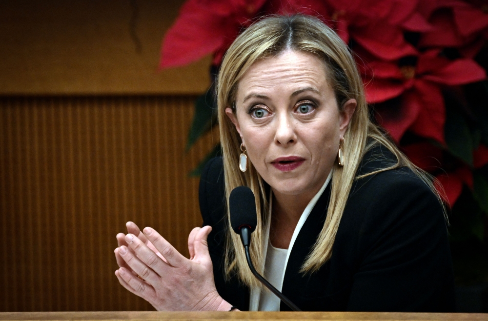  Italy's Prime Minister Giorgia Meloni addresses journalists during her year-end press conference in Rome, on December 29, 2022. (Photo by Tiziana FABI / AFP)