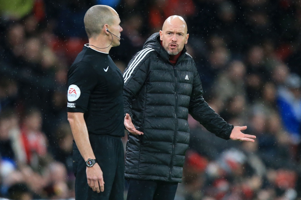 Manchester United's Dutch manager Erik ten Hag reacts during the English Premier League football match between Manchester United and Bournemouth at Old Trafford in Manchester, north west England, on January 3, 2023. (Photo by Lindsey Parnaby / AFP)