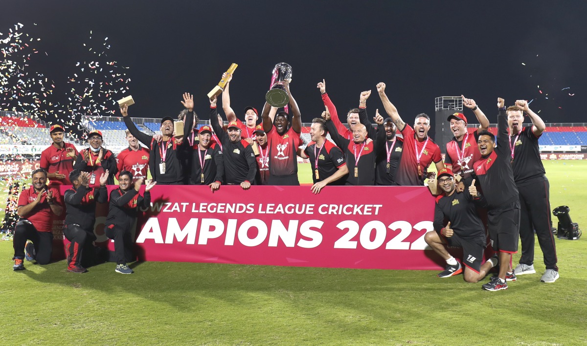 World Giants placers celebrate after winning the Legends League Cricket 2022 title at the Oman Cricket Academy Ground, Muscat, in this January 27, 2022 file photo. PIC: LLC