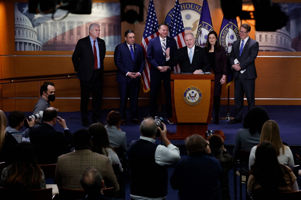 House Majority Leader Steve Scalise (fourth left) is joined by (left to right) House Majority Whip Tom Emmer, Rep. Anthony D'Esposito, Rep. Michael Cloud, House Republican Conference Chair Rep. Elise Stefanik and Rep. Adrian Smith for a news conference following a GOP caucus meeting at the US Capitol on January 10, 2023 in Washington, DC. (Photo by CHIP SOMODEVILLA / GETTY IMAGES NORTH AMERICA / Getty Images via AFP)