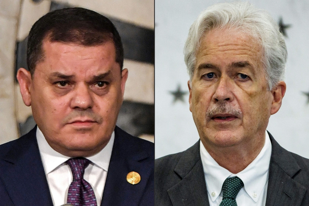 This combination of pictures created on January 12, 2023 shows (left to right) Libya's Tripoli-based Prime Minister Abdulhamid Dbeibah speaking in Tunisia's capital Tunis on November 30, 2022; and CIA director William Burns speaking before introducing the US President during a visit to the agency headquarters on the 75th anniversary of its founding in Langley, Virginia, on July 8, 2022. (Photo by FETHI BELAID and Samuel Corum / AFP)