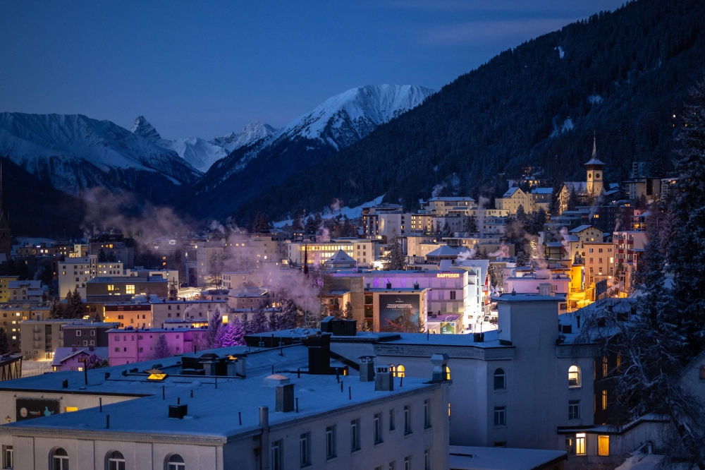 A photograph shows a general view of the alpine resort of Davos, on the opening day of the annual World Economic Forum (WEF) in Davos on January 16, 2023. (Photo by Fabrice Coffrini / AFP)