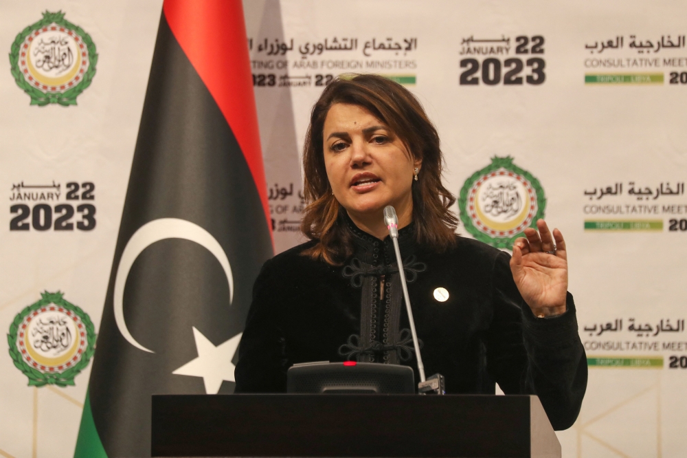 Libyan Foreign Affairs Minister Najla Mangoush holds a press conference at the end of the Arab foreign ministers meeting in the capital Tripoli, on January 22, 2023. - Arab states boycotted a meeting hosted by Libya's unity government, with just five of the Arab League's 22 members sending their top diplomats and even the bloc's secretary general staying away. (Photo by Mahmud Turkia / AFP)