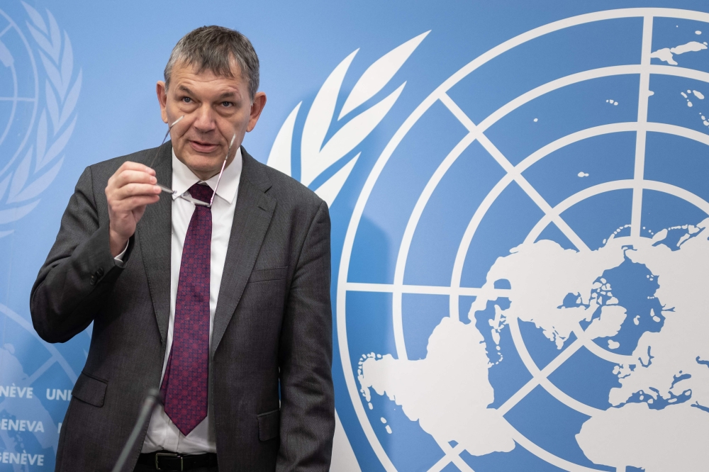 The United Nations Relief and Works Agency for Palestine Refugees in the Near East (UNRWA) Commissioner-General Philippe Lazzarini arrives to a press conference in Geneva on January 24, 2023.  (Photo by Fabrice COFFRINI / AFP)