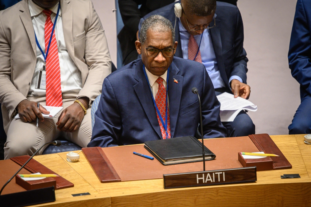 Haiti's ambassador to the UN Antonio Rodrigue attends a United Nations security council meeting on Haiti at UN Headquarters in New York City on Januray 24, 2023. (Photo by Ed JONES / AFP)

