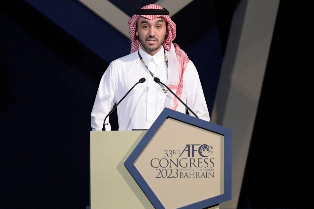 Saudi Arabia's Minister of Sports and Youth Abdulaziz bin Turki al-Faisal al-Saud delivers a speech during the 33rd Asian Football Confederation (AFC) Congress at the Gulf Convention Centre in Manama on February 1, 2023. (Photo by Mazen Mahdi / AFP)