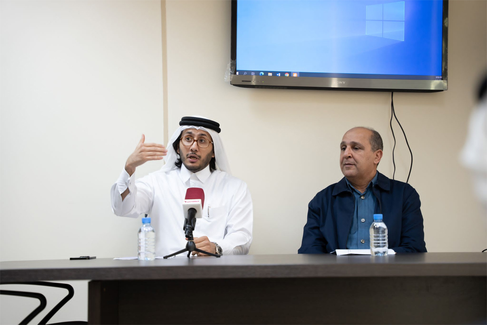 Qatar Boxing Federation (QBF) President Sheikh Fahad bin Khaled Al Thani speaks to reporters during a press conference. QBF Technical Director Salim Lazraq is also present.   