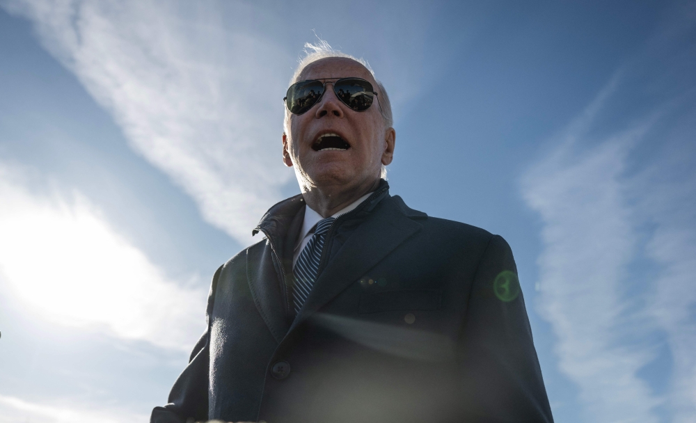 US President Joe Biden speaks to the press after arriving at Hagerstown Regional Airport in Hagerstown, Maryland, on February 4, 2023. (Photo by ANDREW CABALLERO-REYNOLDS / AFP)