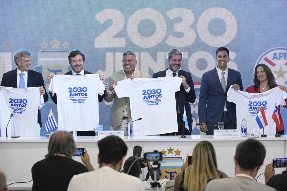 (From left) Uruguayan Sport Secretary Sebastian Bauza, President of Conmebol Alejandro Dominguez, President of the Argentine Football Association Claudio 