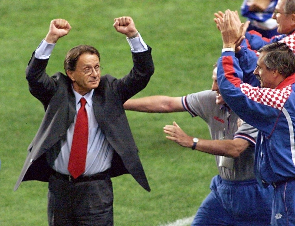 In this file photo taken on July 11, 1998 Croatian national team coach Miroslav Blazevic jubilates after winning the1998 Soccer World Cup third place match against the Netherlands, at the Parc des Princes stadium in Paris. Photo by PASCAL GEORGE / AFP