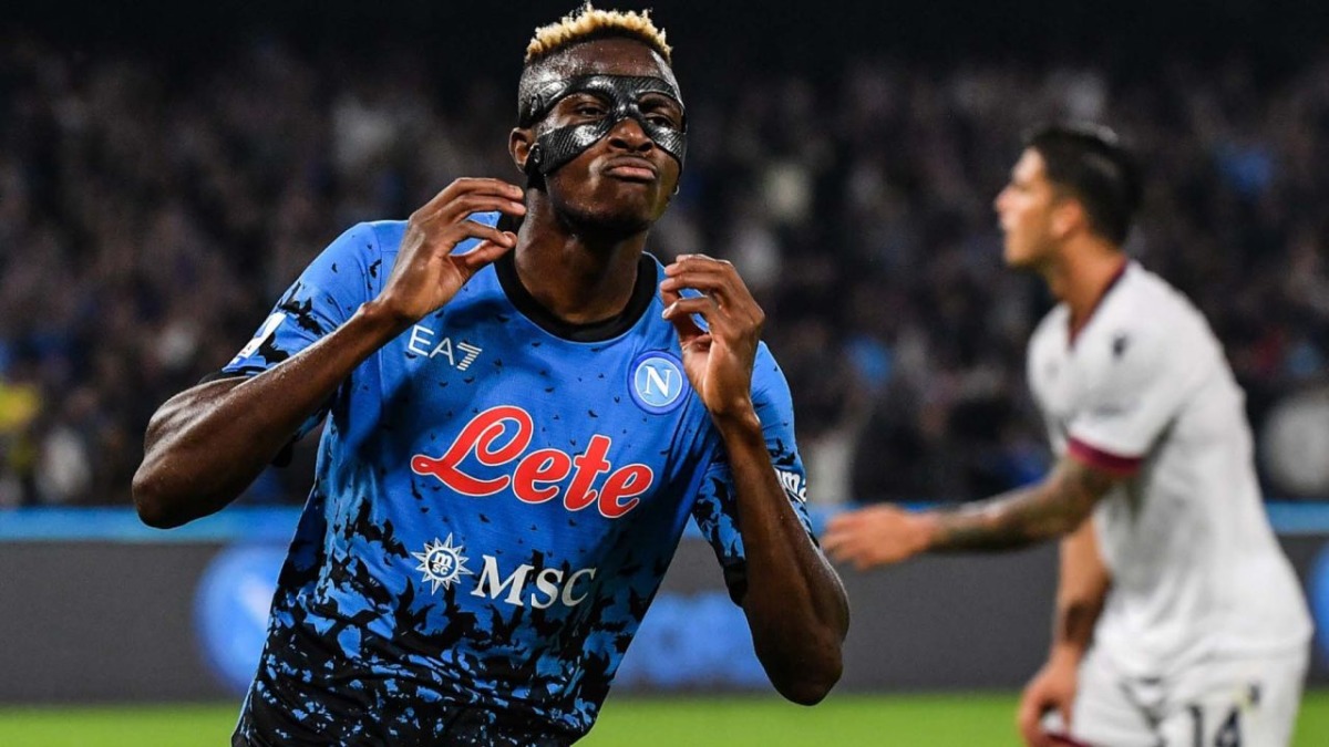 Napoli’s Nigerian forward Victor Osimhen celebrates after scoring his side’s third goal during the Italian Serie A footbal match between Napoli and Bologna on October 16, 2022 at the Diego-Maradona stadium in Naples. File photo / AFP

