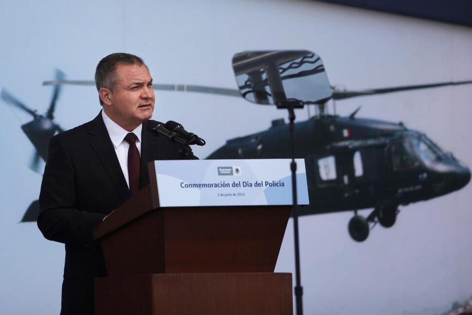 Mexico's Genaro Garcia Luna speaks during a ceremony to designate June 2 as Federal Police Day in Mexico City, June 2, 2011.  (AP Photo/Alexandre Meneghini, File)