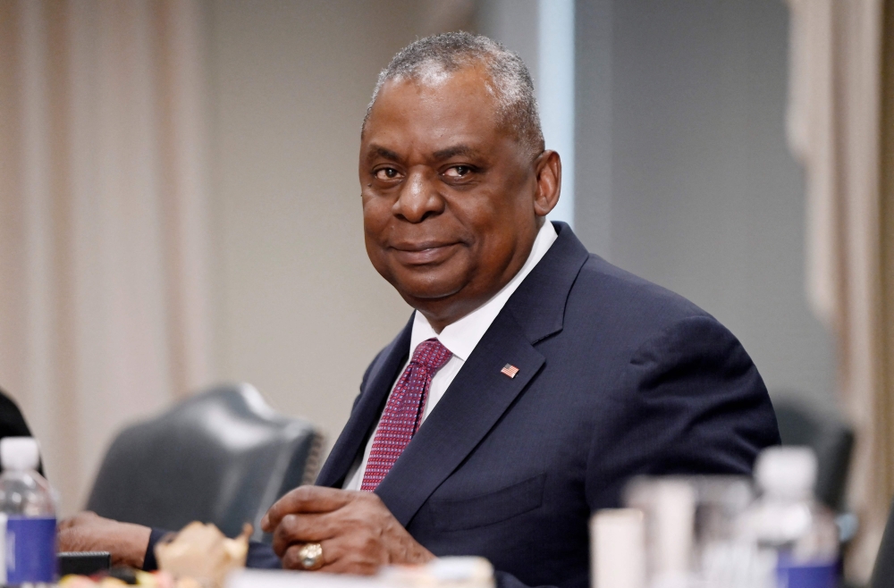 US Defense Secretary Lloyd Austin looks on during a meeting with Georgian Defense Minister Juansher Burchuladze, not pictured, at the Pentagon in Washington DC, on February 9, 2023. (Photo by OLIVIER DOULIERY / AFP)