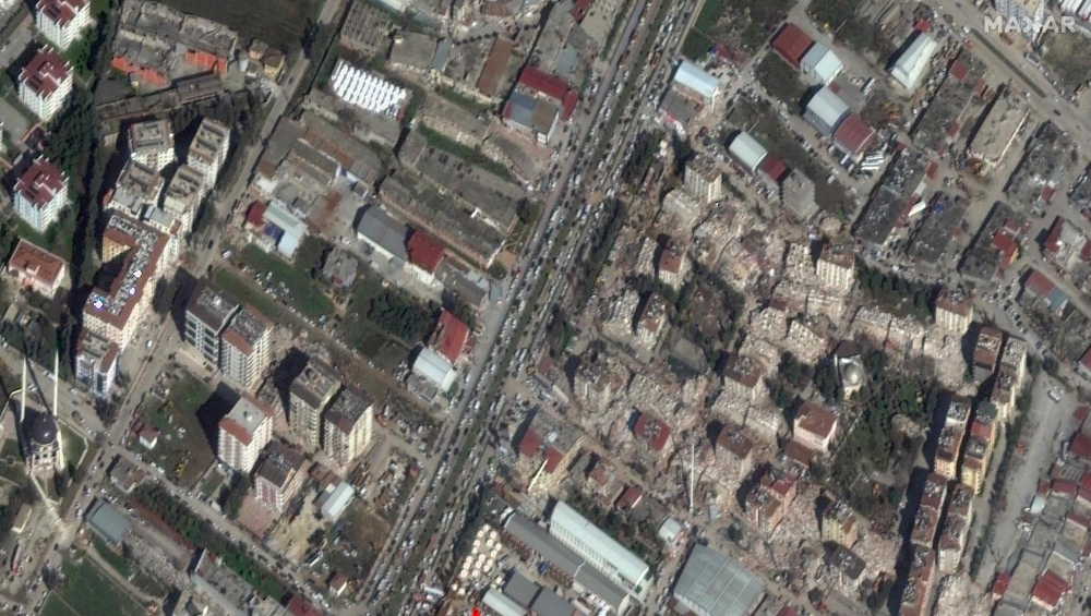 This handout satellite image courtesy of Maxar Technologies shows collapsed buildings in Antakya, Turkey on February 9, 2023. (Photo by Satellite image 2023 Maxar Technologies / AFP) 