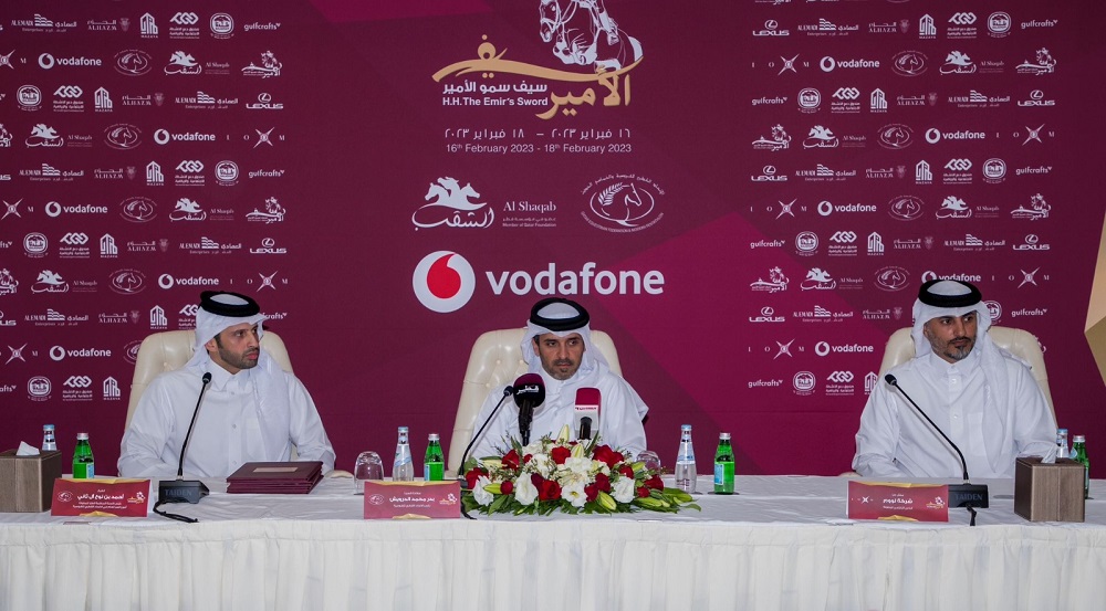 QEF President Bader Al Darwish (centre), Chairman of the Supreme Organising Committee for HH The Amir’s Sword Showjumping and Dressage Championship, Secretary-General of QEF Sheikh Ahmad bin Noah Al Thani (left) and Championship Director Ali bin Yousef Al Rumaihi at a press conference yesterday.