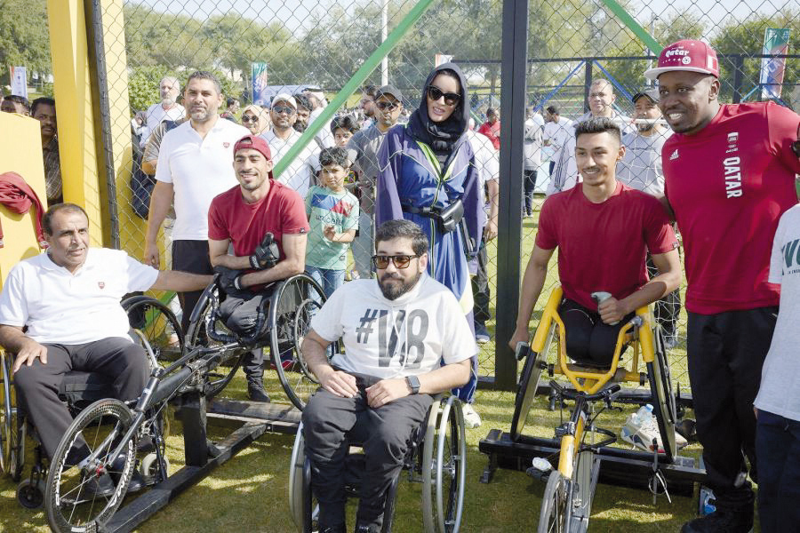 H H Sheikha Moza bint Nasser, Chairperson of Qatar Foundation, with participants of events held for differently abled as part of National Sport Day activities at Education City.
