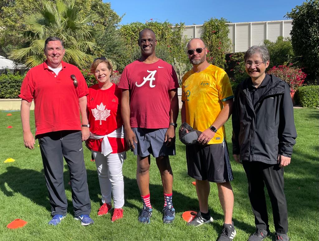 British Ambassador H E Jon Wilks, US Ambassador H E Timmy T. Davis, and other envoys who took part in the diplomatic sport day yesterday.