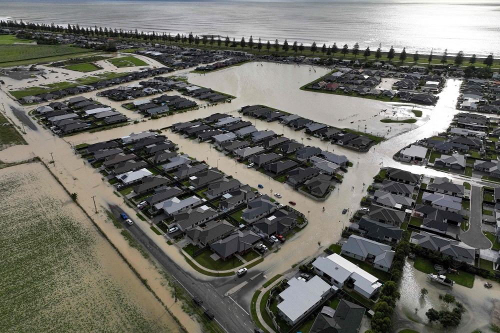An aerial photo taken on February 15, 2023 shows flooding in the city of Napier, situated on the North Island's east coast. Photo by STRINGER / AFP
