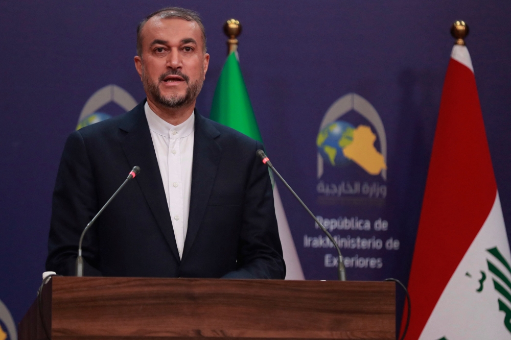 Iranian Foreign Minister Hossein Amir-Abdollahian speaks during a joint press conference with his Iraqi counterpart, in Baghdad on February 22, 2023. (Photo by AHMAD AL-RUBAYE / AFP)