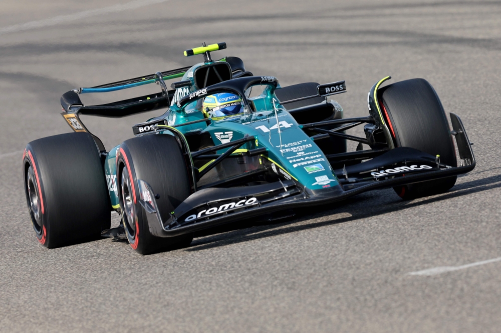 Aston Martin's Spanish driver Fernando Alonso drives during the third practice session of the Bahrain Formula One Grand Prix at the Bahrain International Circuit in Sakhir on March 4, 2023. (Photo by Giuseppe CACACE / AFP)