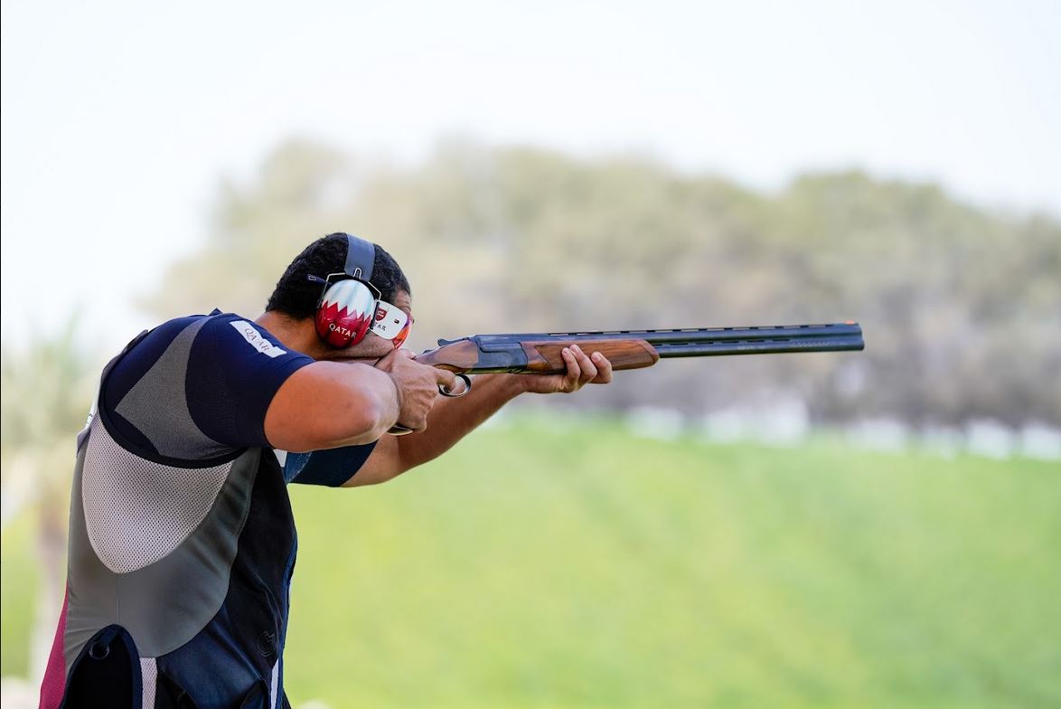 A Qatari shooter in action during a training session at the Lusail Shooting Range.